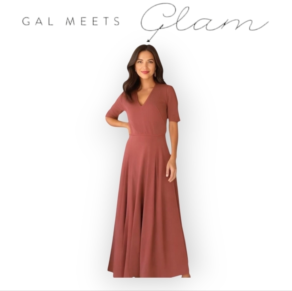 Gal Meets Glam Edith Coral Pink Fit Flare V Neck Midi Dress Size 2 XS EUC